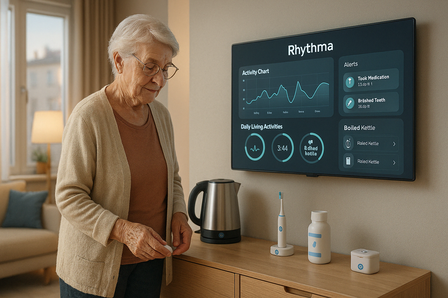 Caregiver assisting elderly person with Rhythma dashboard